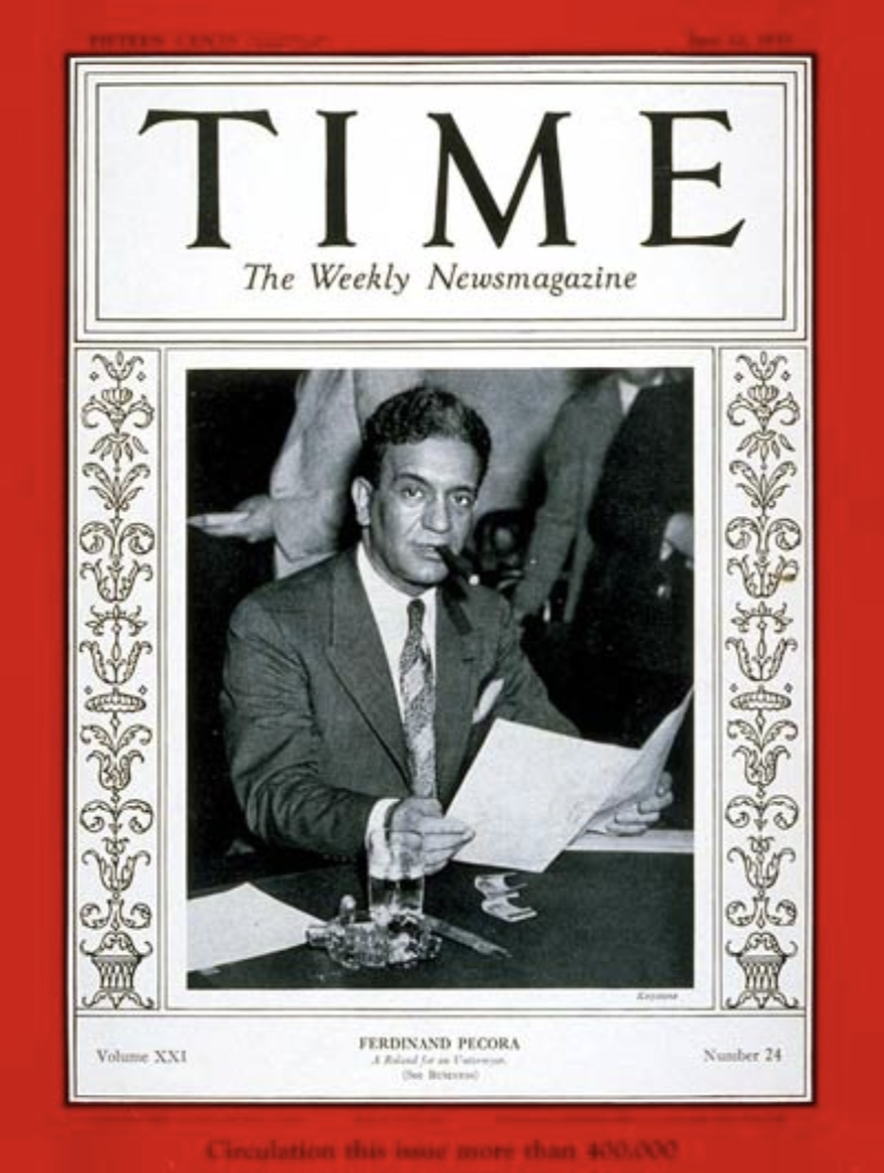 Ferdinand Pecora on the cover of Time Magazine's June 12, 1933 issue.